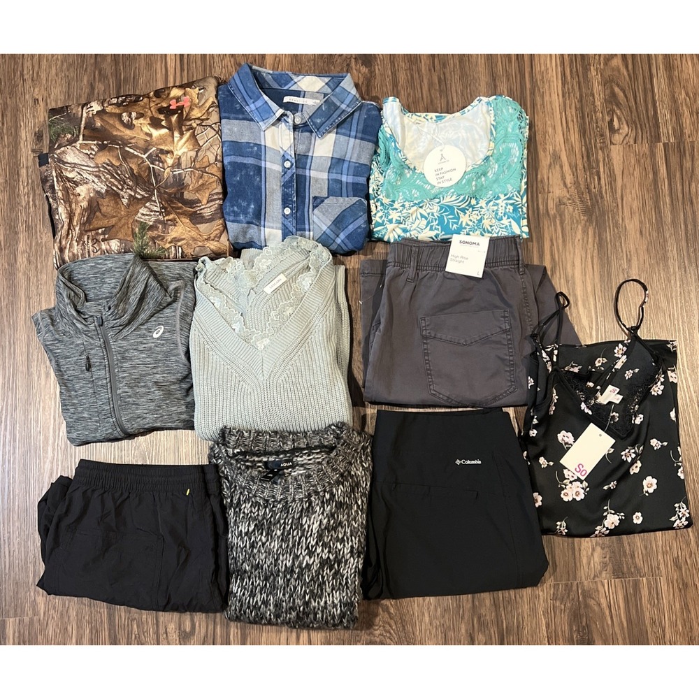Lot of 10 Women's Tops Blouses Pants Great Brands Size L  READ